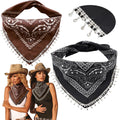 Vabean 2 Pcs Rhinestone Bandana Disco Fringed Paisley Glitter Bandanas for Women Cowgirl Bachelorette Tassel Kerchief(Black and 