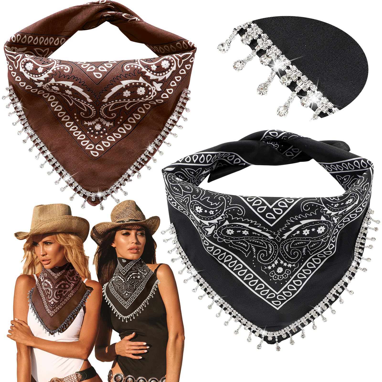 Vabean 2 Pcs Rhinestone Bandana Disco Fringed Paisley Glitter Bandanas for Women Cowgirl Bachelorette Tassel Kerchief(Black and 