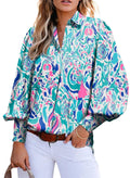 Astylish Womens Summer Tops Bright Color Button Down Shirts Versatile Chiffon V-Neck Dressy Lantern Sleeve Bohemian Blouse Sky B