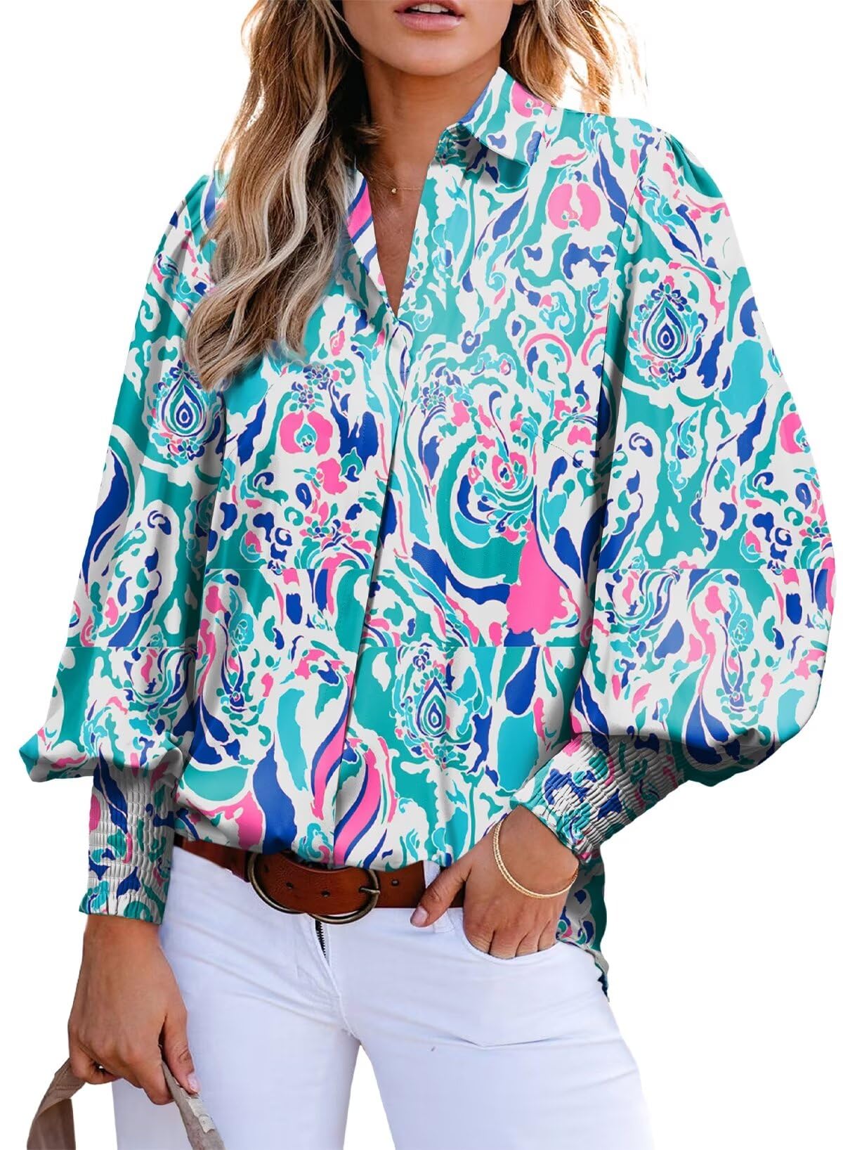 Astylish Womens Summer Tops Bright Color Button Down Shirts Versatile Chiffon V-Neck Dressy Lantern Sleeve Bohemian Blouse Sky B