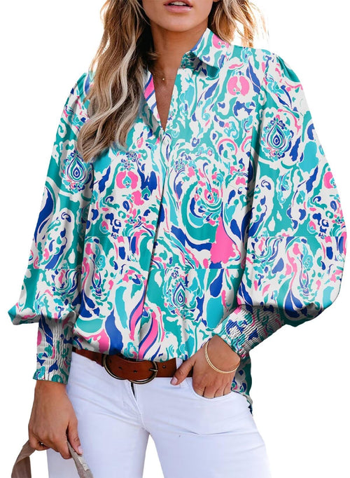 Astylish Womens Summer Tops Bright Color Button Down Shirts Versatile Chiffon V-Neck Dressy Lantern Sleeve Bohemian Blouse Sky B