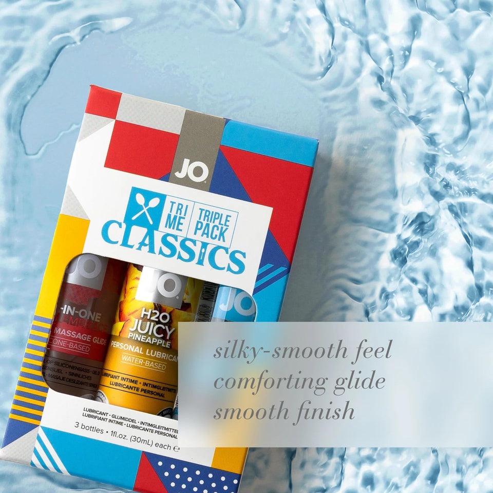 System Jo Tri-Me Triple Pack Classics - Jos All-In-One Massage Glide Plus Jo?? Classic H20 Lube And Juicy Pineapple Lubricant - 3 Bottles - 1 Ounce / 30 Ml. Each