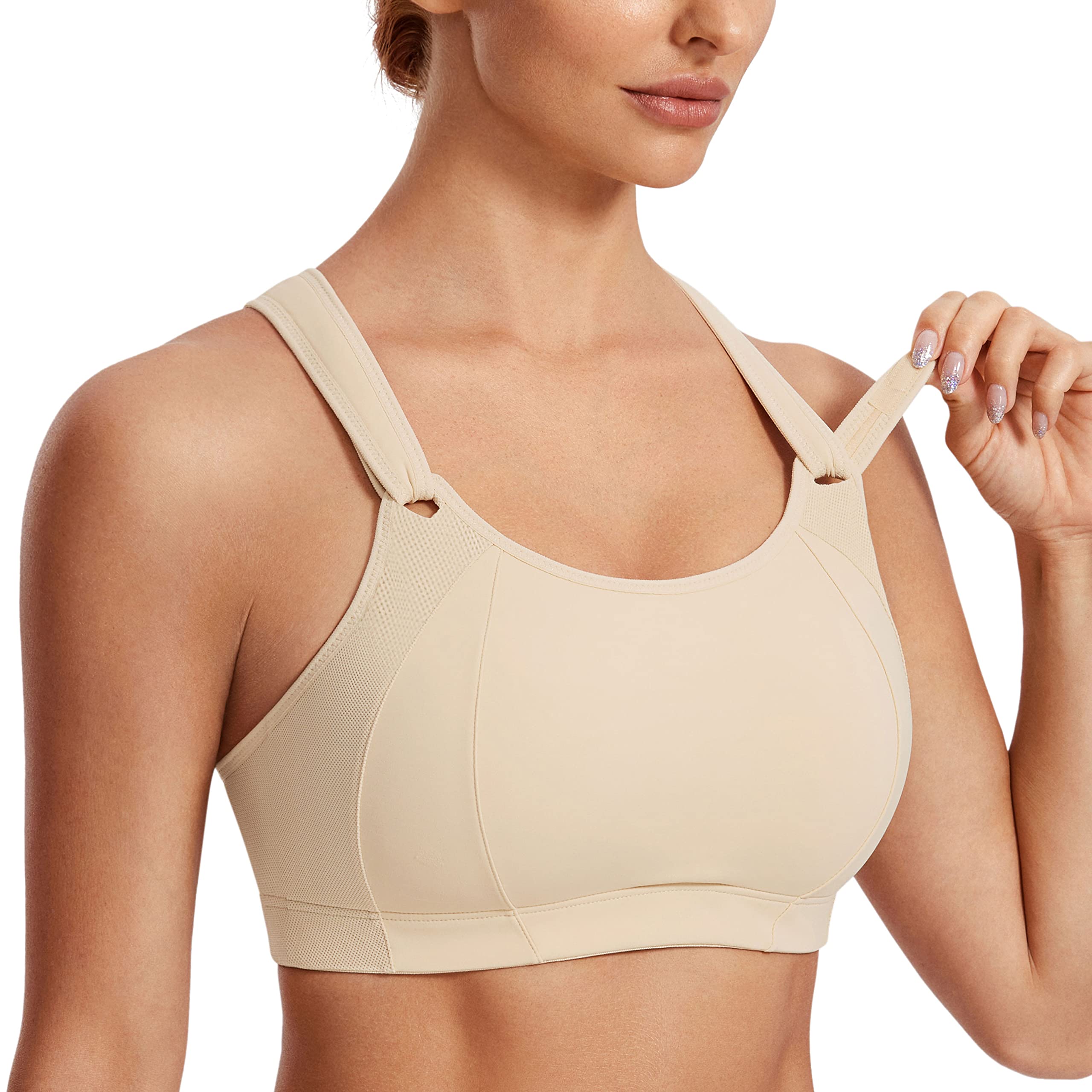 SYROKAN Womens Sports Bra Front Adjustable High Impact Support Padded Wireless Racerback Plus Size Running Bra Oil Beige 34E