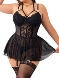 Alrovetoney Crotchless Lingerie Set For Women with Garter Belt Lace Bodysuit Teddy Baby Dolls Panty With Stockings Black 4XL