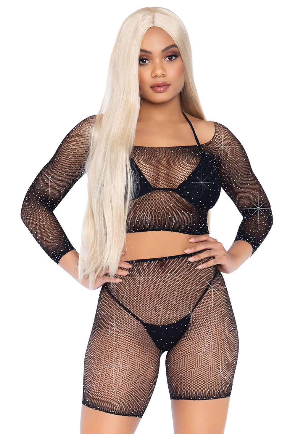 2 Pc Rhinestone Fishnet Long S - O/S / Black
