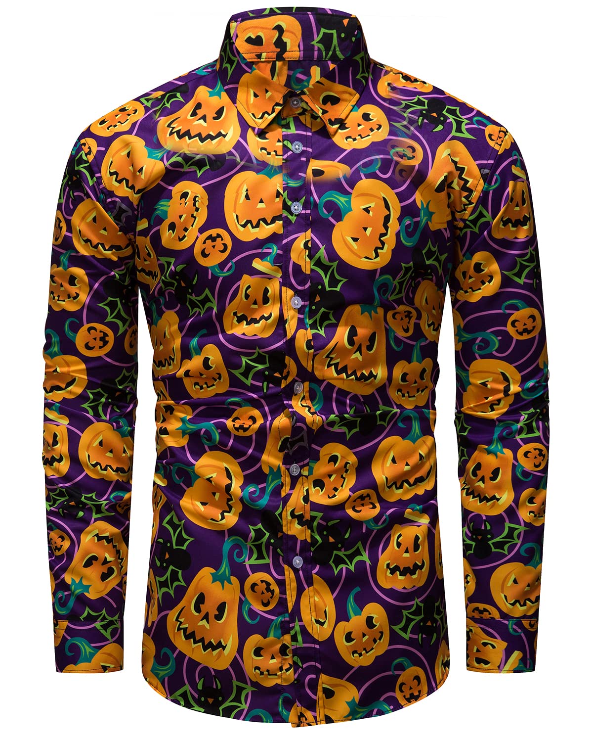 fohemr Mens Funny Halloween Shirt Ugly Pumpkin Long Sleeve Casual Button Down Party Shirts Adult Costume Bats Print Purple Large