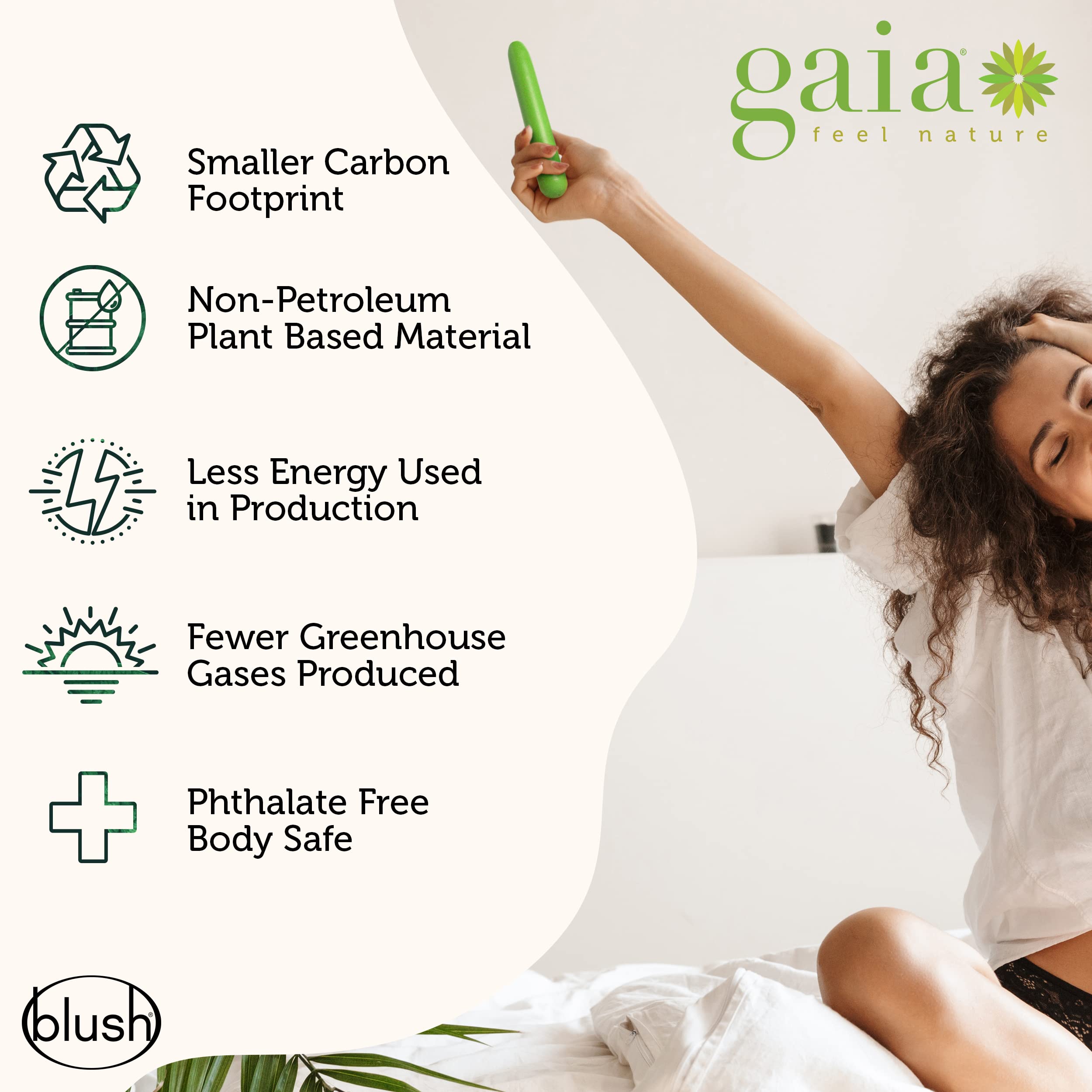 Blush Novelties Gaia Eco Plant-Based 7'' Slim Multispeed Vibrator in Green Made of Sustainable BioFeel Worlds First Plant Based