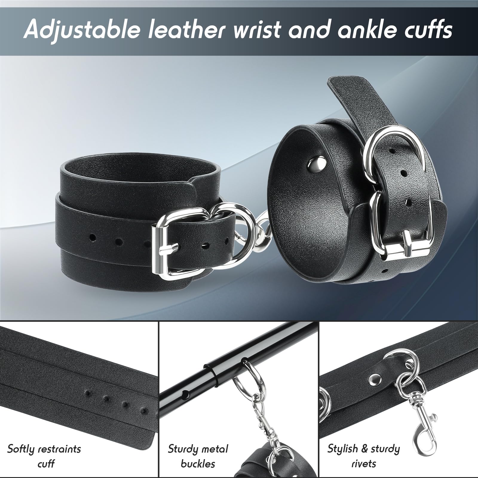 Spreader Bar Bondage Restraints BDSM Kit Couples Sex Toys, Adult Sex Toy with 4 Adjustable Cuffs, Whip & Blindfold, Bondage Gear