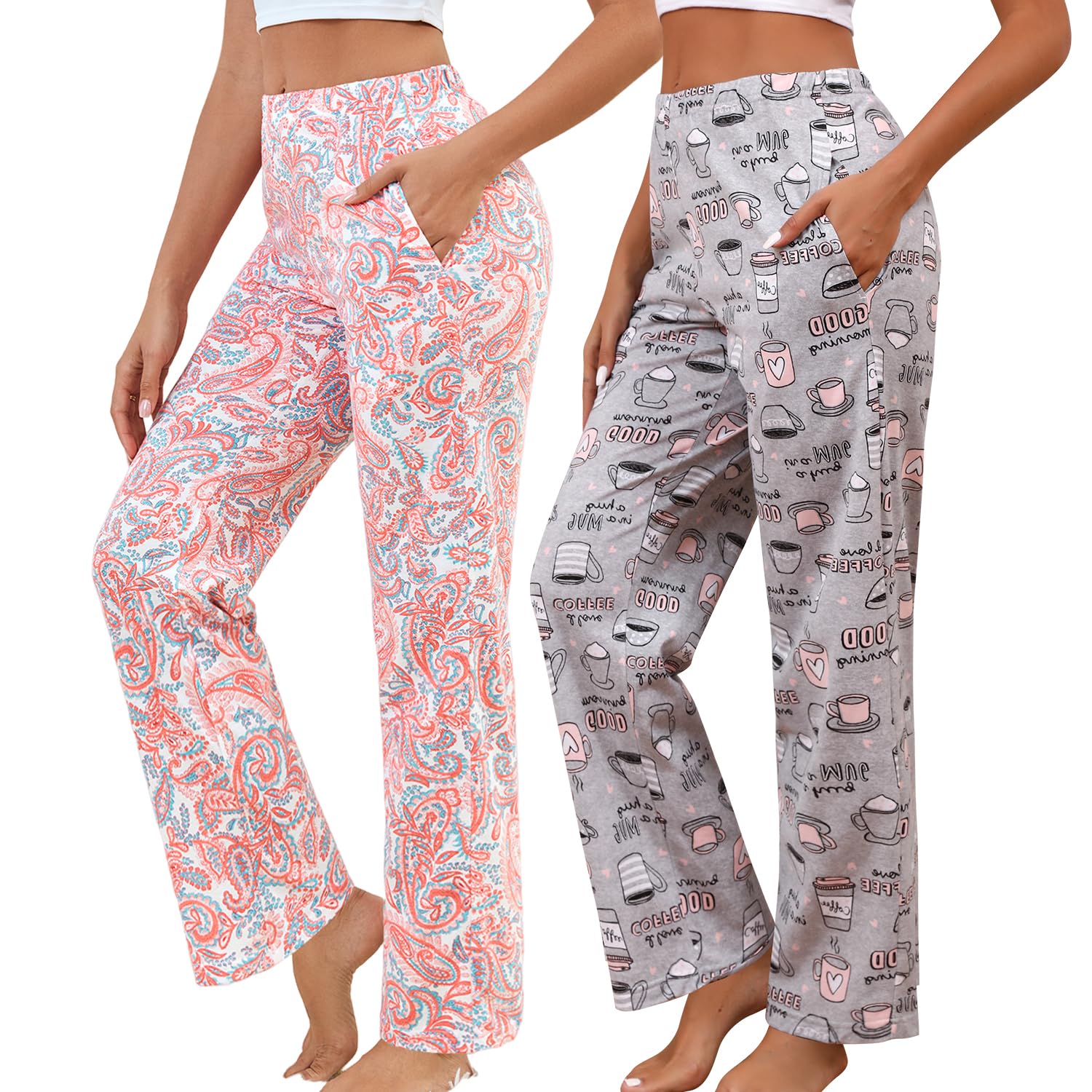 PNAEONG Women Cotton Pajama Pants Comfy Pj Bottoms Soft Printed Lounge Pant with Pockets Coffee+Pink Paisley L