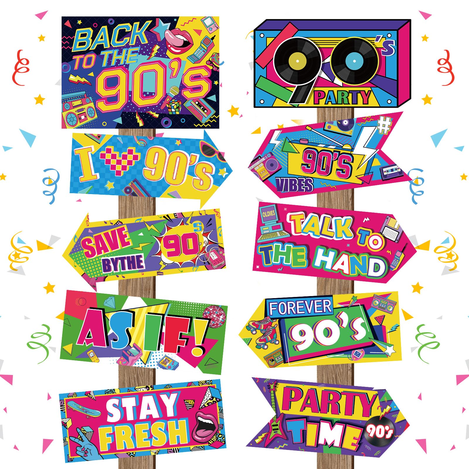 20 Pieces 90s Party Decorations Sign Retro Hip Hop Party Sign for Back to The 90s Adults Neon Throwback Birthday Party Supplies