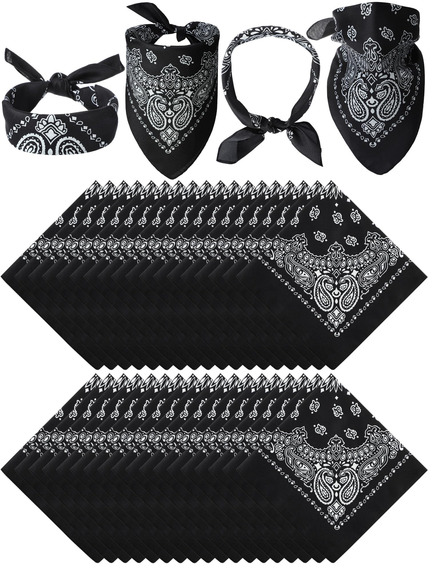 Unittype 36 Pieces Paisley Bandana Novelty Headband Square Scarf Cowboy Bandanas for Halloween Party Costume(Black,Classic Style