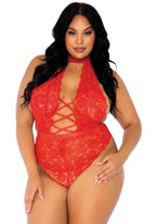 High Neck Floral Lace Backless - 1X-2X / Red