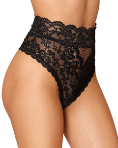 HIGHWAISTED LACE GARTER THONG W RIBBON BACK BLACK SMALL