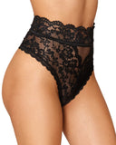 HIGHWAISTED LACE GARTER THONG W RIBBON BACK BLACK SMALL
