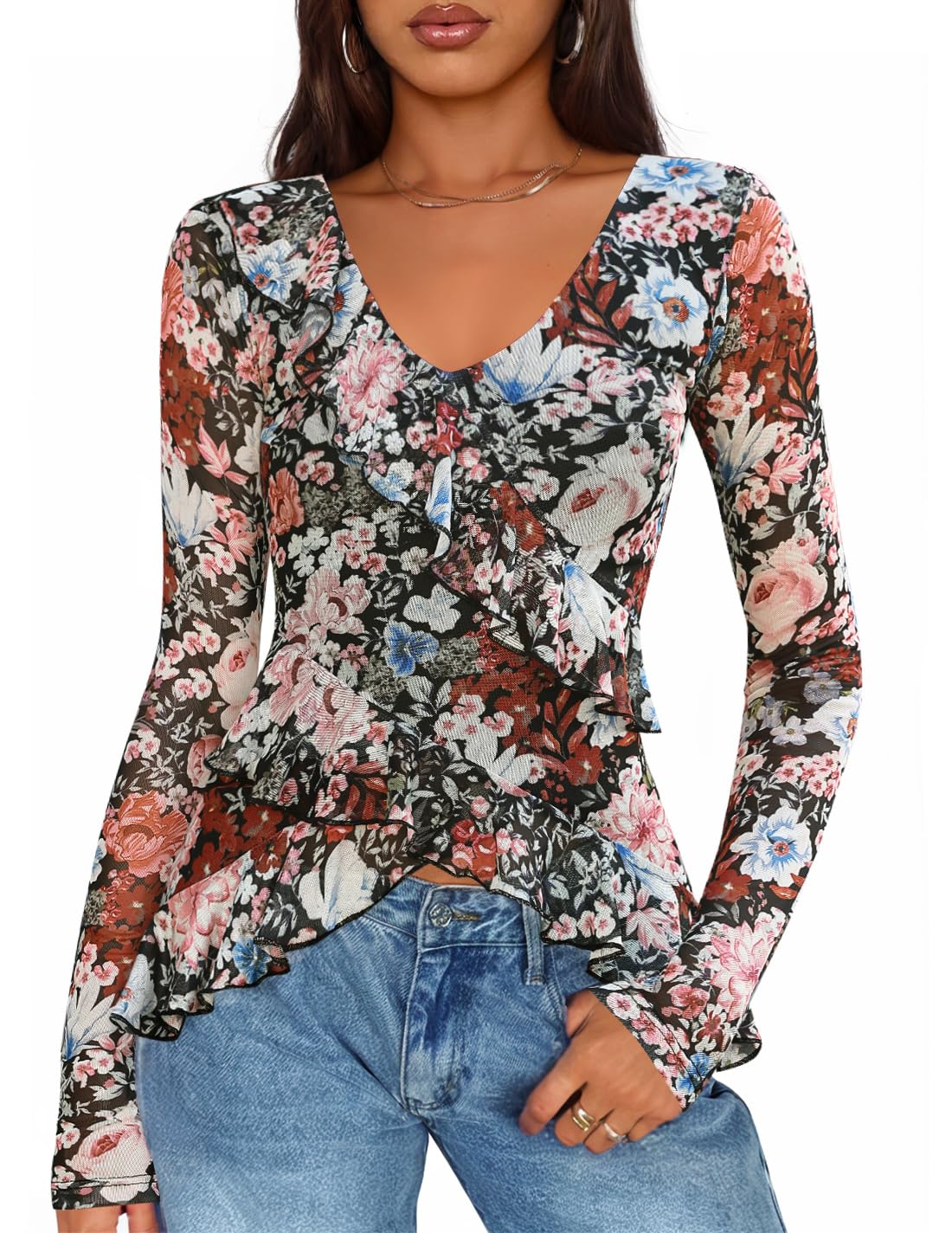 ZESICA Womens Long Sleeve Floral Shirts V Neck Going Out Ruffle Tops Blouses 2026 Spring Fashion Clothes Outfits Black Small