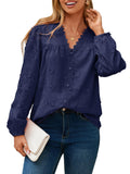 Simplee Womens Dressy Long Sleeve Blouses Casual V Neck Button Floral Lace Embroidered Fall Tops Fashion Shirts Navy Blue XL