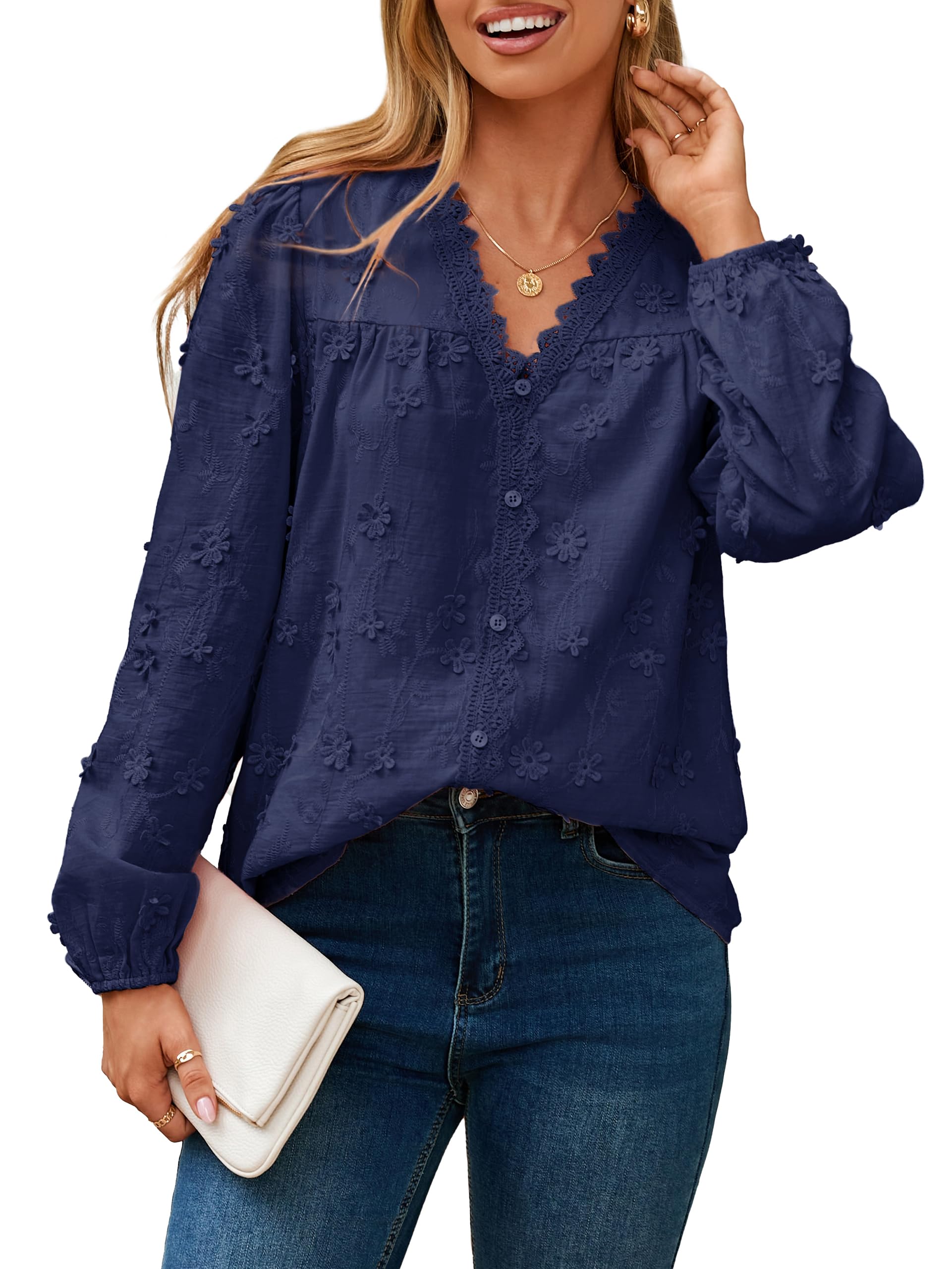 Simplee Womens Dressy Long Sleeve Blouses Casual V Neck Button Floral Lace Embroidered Fall Tops Fashion Shirts Navy Blue XL