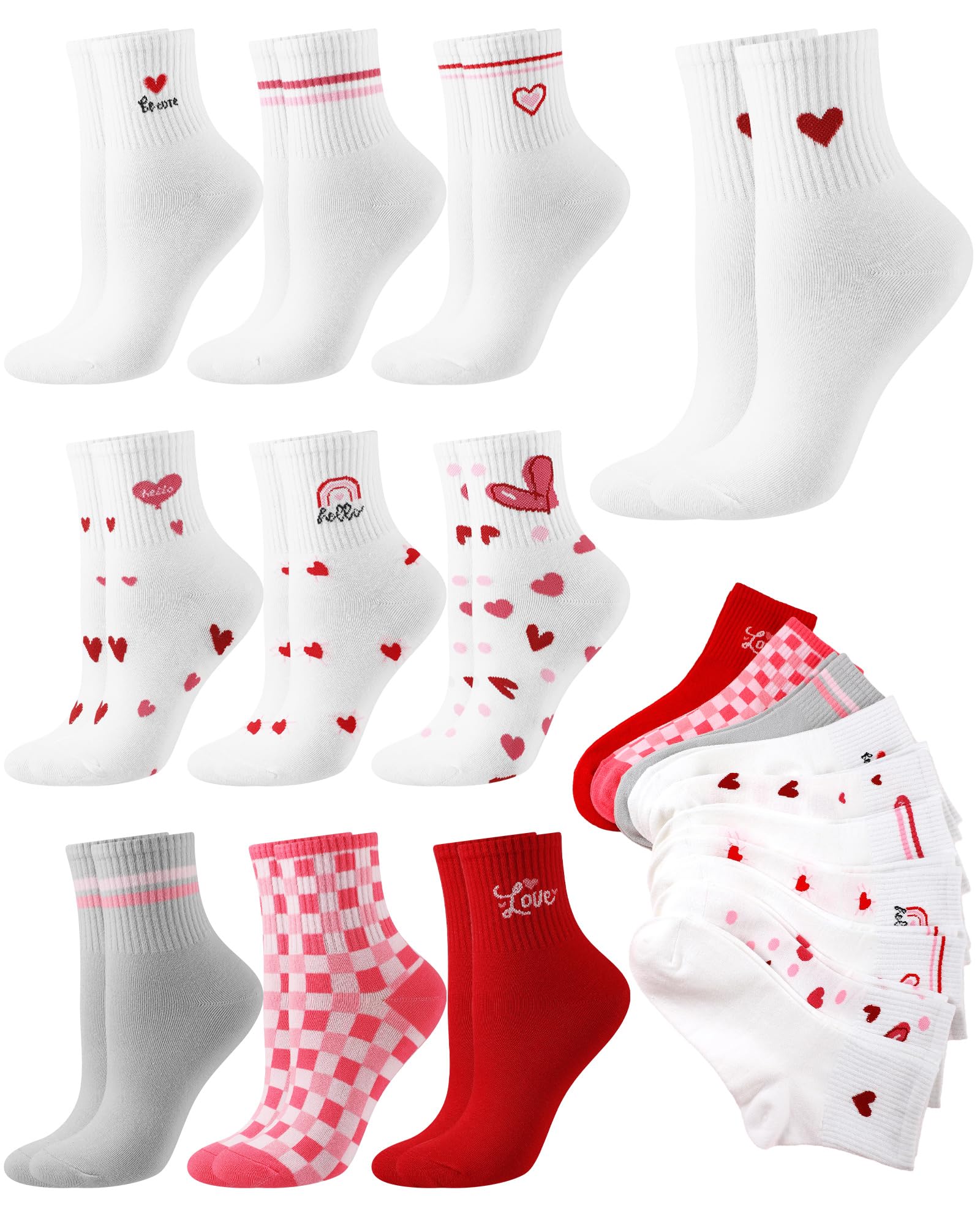 Shihanee 10 Pairs Valentines Day Socks Women Heart Cotton Ankle Socks Novelty Valentines Gifts for Her, Cute Soft Red White Hear