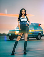 4 Pc Sultry Swat Officer Costume, Includes Tank Dress With Buckle Accents, Fingerless Gloves, Arm Band, And Garter