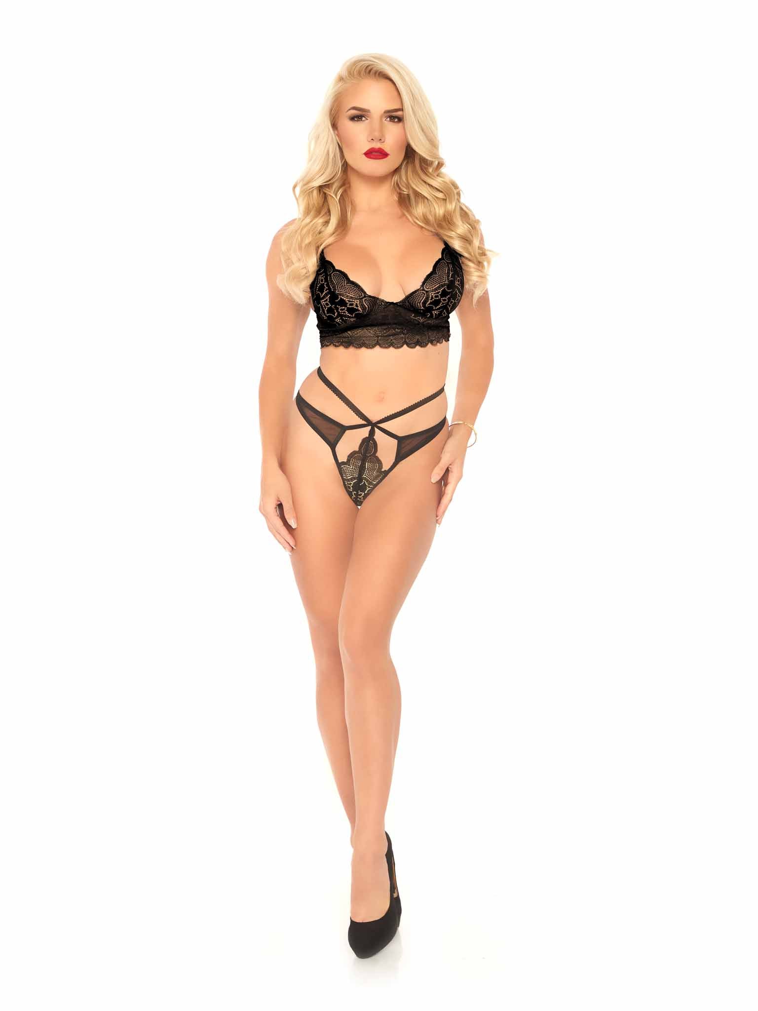 2 PC Sweetheart lace bralette and matching strappy cut out g-string.