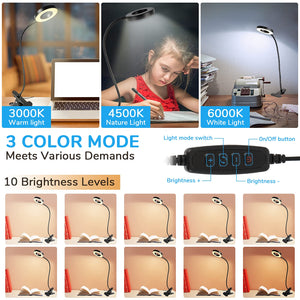 Swonuk Clip On Desk Lamps,48 Leds 360Flexible Gooseneck Reading Table Light,3 Color Modes, 10 Brightness, Usb Clamp Books Night