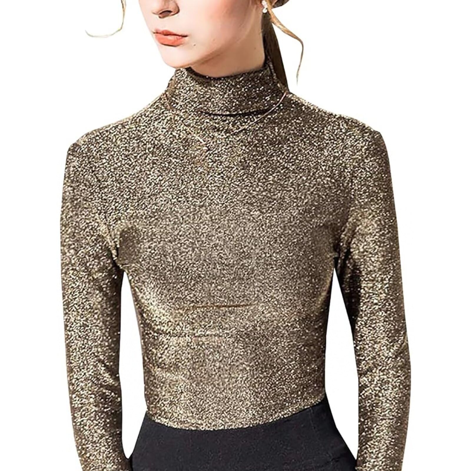 Generic Womens Slim Fit Long Sleeve Sequin Turtleneck Sparkle Tee Glitter Blouse Tops(Gold-L), Large