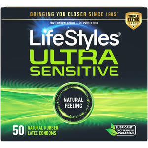 LifeStyles Ultra Sensitive Premium Lubricated Natural Latex Condoms Value Pack - 50 Count, 1 Pack - Triple Tested for Best Prote