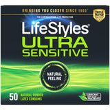 LifeStyles Ultra Sensitive Premium Lubricated Natural Latex Condoms Value Pack - 50 Count, 1 Pack - Triple Tested for Best Prote