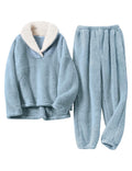 Gihuo Women s Fluffy Pajamas Set Fleece Pullover Pants Loose Plush Sleepwear 2 Piece Pjs Set Warm Loungewear Fuzzy(Blue-Large)