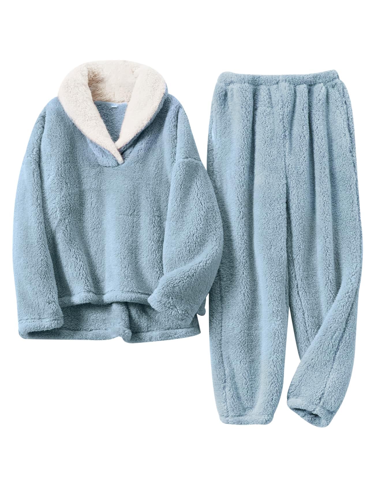 Gihuo Women s Fluffy Pajamas Set Fleece Pullover Pants Loose Plush Sleepwear 2 Piece Pjs Set Warm Loungewear Fuzzy(Blue-Large)