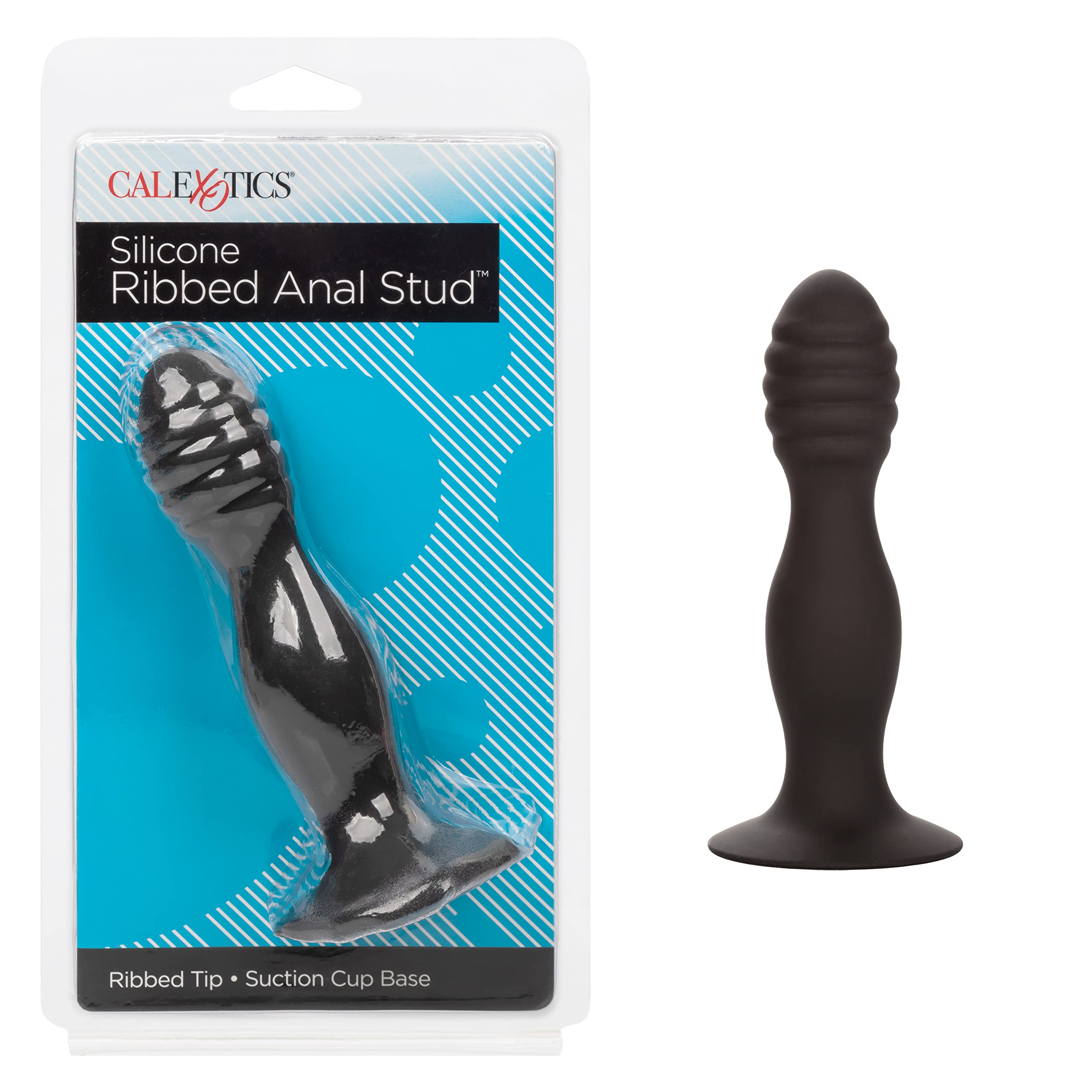 CalExotics Silicone Ribbed Anal Stud, 5.25 Inch Butt Plug with Suction Cup Black - SE-0416-25-2