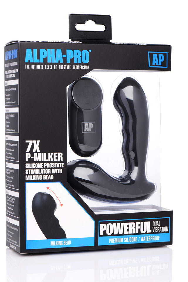 Alpha-Pro 7X P-Milker Silicone Prostate Stimulator With Milking Bead, Black