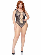 Seamless net and lace bodysuit with dual shoulder straps and cheeky cut bottom.