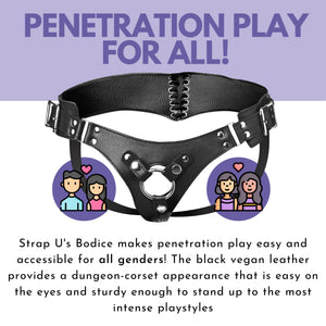 Strap U Bodice Corset Style Strap On Harness For Women, Men And Adult Couples, Fully Adjustable Waist, Vegan Friendly Leatherette Wearable Gothic Belt, Fits Dildos Up To 1.65 Inches In Girth, Black