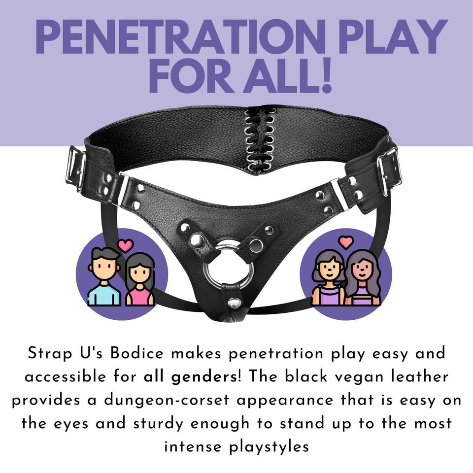 Strap U Bodice Corset Style Strap On Harness For Women, Men And Adult Couples, Fully Adjustable Waist, Vegan Friendly Leatherette Wearable Gothic Belt, Fits Dildos Up To 1.65 Inches In Girth, Black