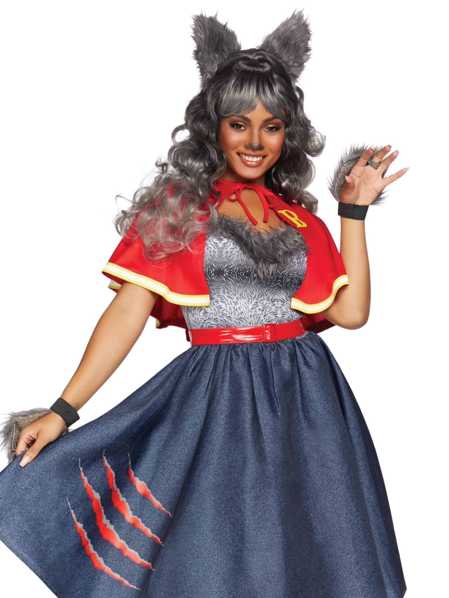 6 Pc Teen Wolf, Includes Fur Trimmed Swing Dress With Slash Accent, Detachable Clear Straps, Belt, Letterman Jacket Capelet, Fur