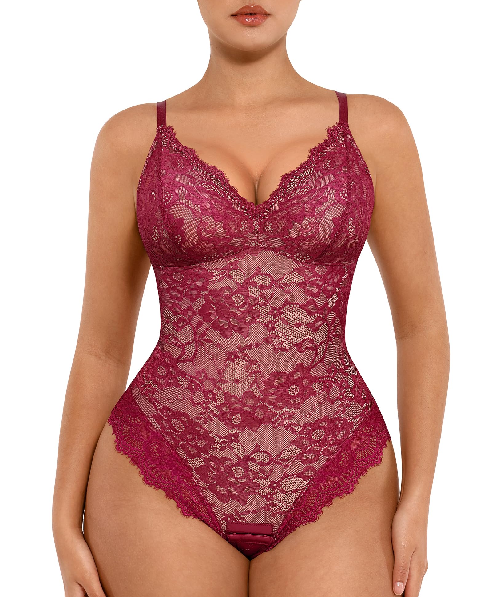 FeelinGirl Shapewear Bodysuit for Women Charming V Neck Tank Top Lace Body Suits Shapewear Lingerie Jumpsuit Dark Red L