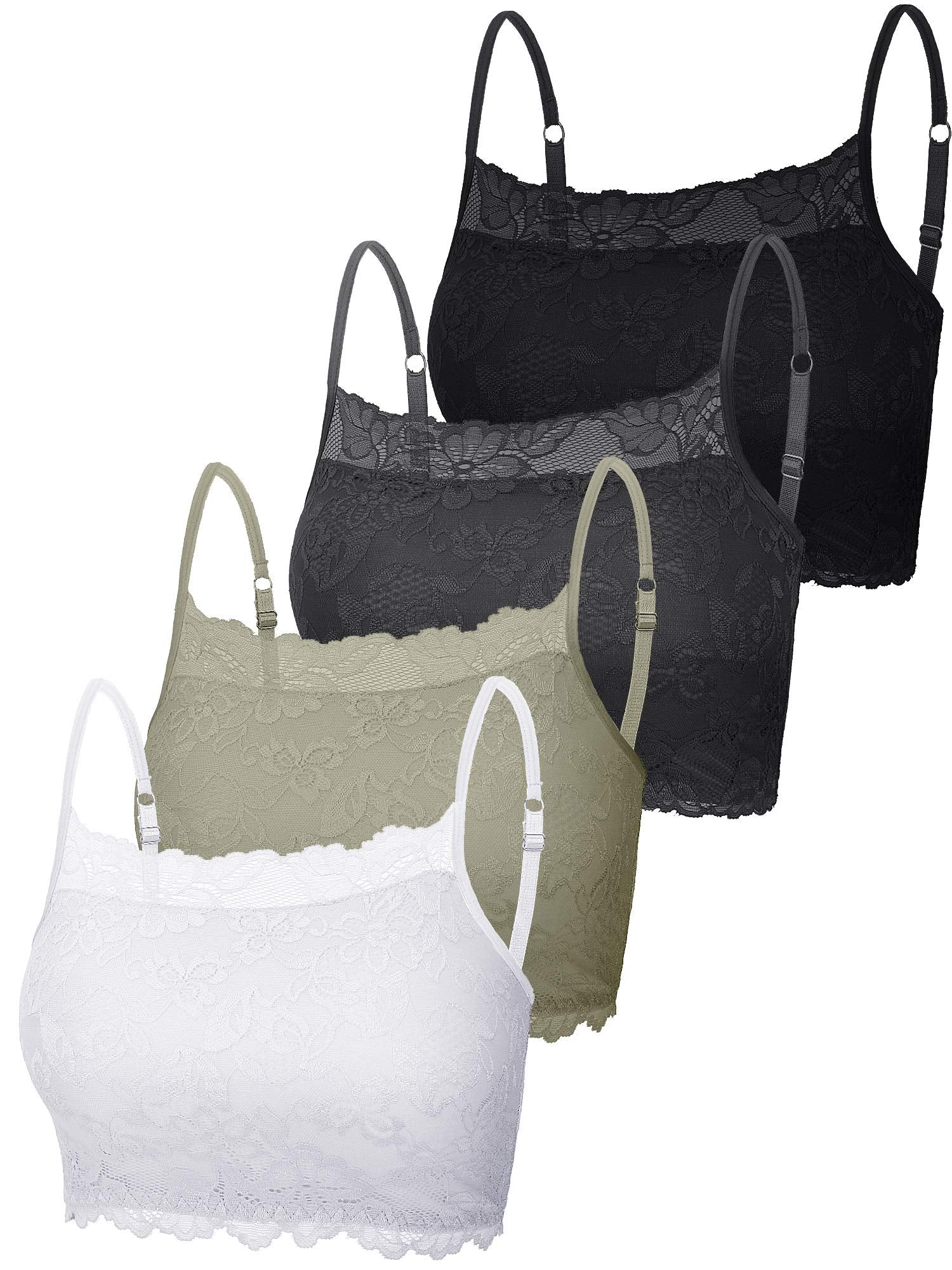 New 4 Pieces Womens Lace Cami Stretch Lace Half Cami Breathable Lace Bralette Top for Women Girls (Black, White, X-Large)