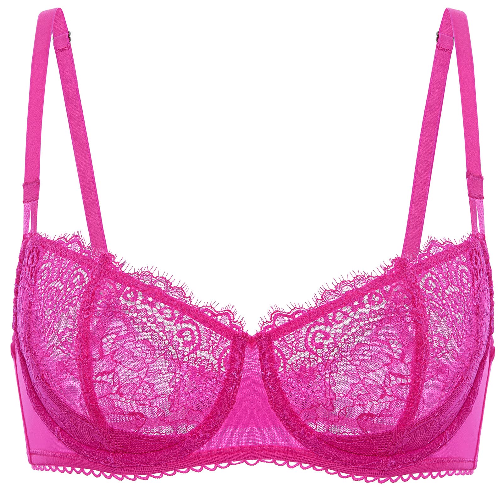 DOBREVA Womens Sexy Lace Push Up Plus Size Bra Sheer Balconette Underwire Unlined Bright Fuchsia 32C