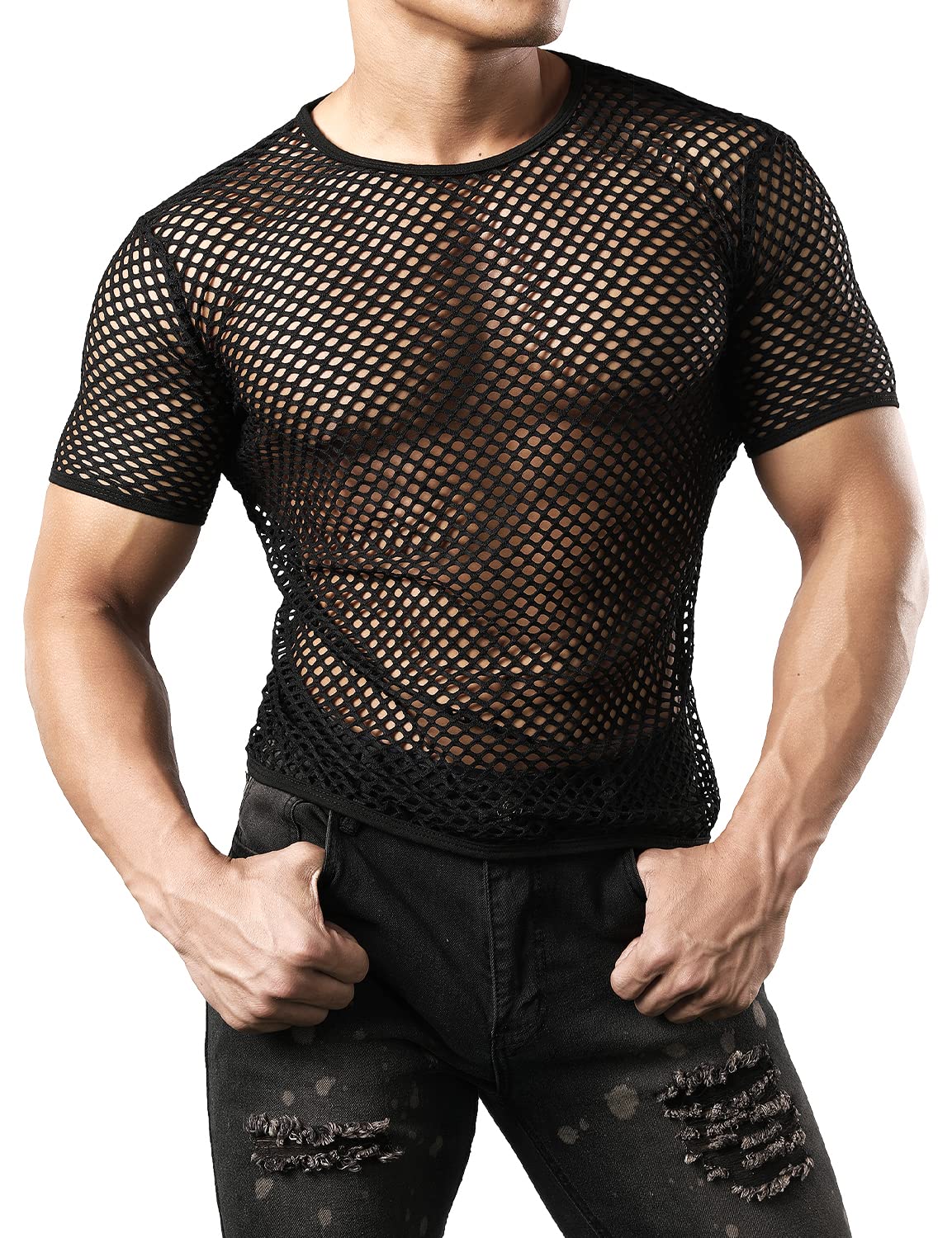 JOGAL Men s Mesh Fishnet Fitted Short Sleeve Muscle Top Large WG02 Black