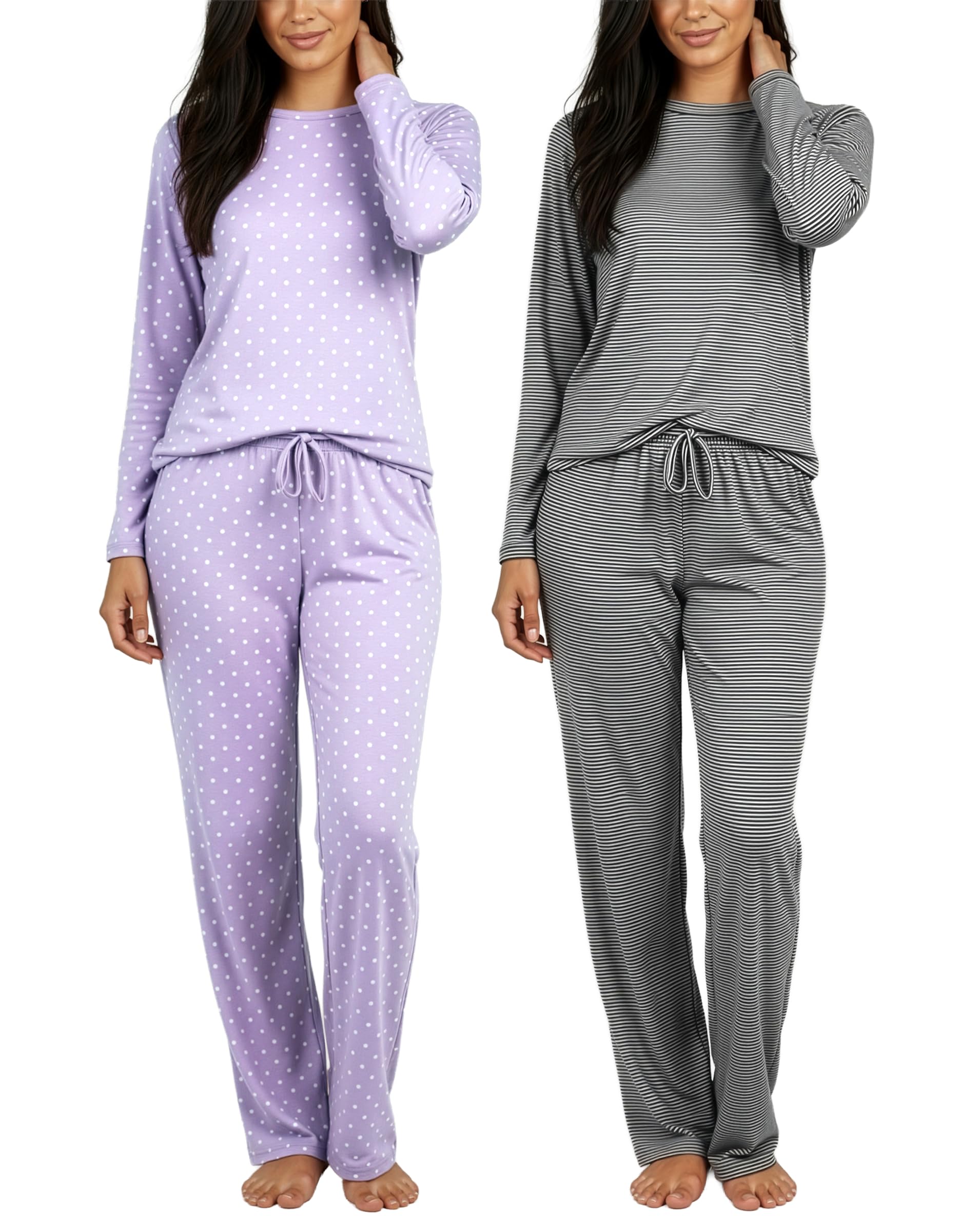 Real Essentials 2 Pack: Womens Comfy Pajama Sets - Short & Long Sleeve Ladies Loungewear Sleepwear PJs (Set E Purple & Black, X