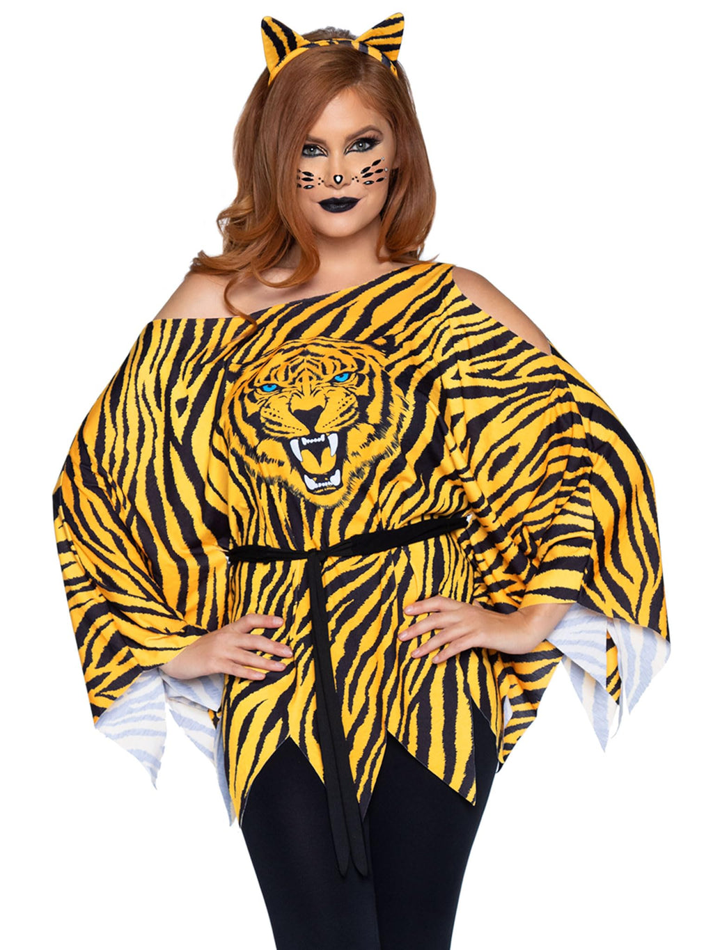 3 PC Tiger Poncho, includes tiger face poncho with cold shoulder sleeves, belt, and tiger ear headband.