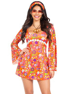 6 PC Hippie Chick, includes bell sleeve empire waist dress, head scarf, fringe leg warmers, peace sign necklace, earrings, and s