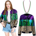 Hicarer 4 Pcs Mardi Gras Costume Mardi Gras Sequin Jackets for Women with 3 Mardi Gras Beads Necklaces Front Zip Jacket (XL)