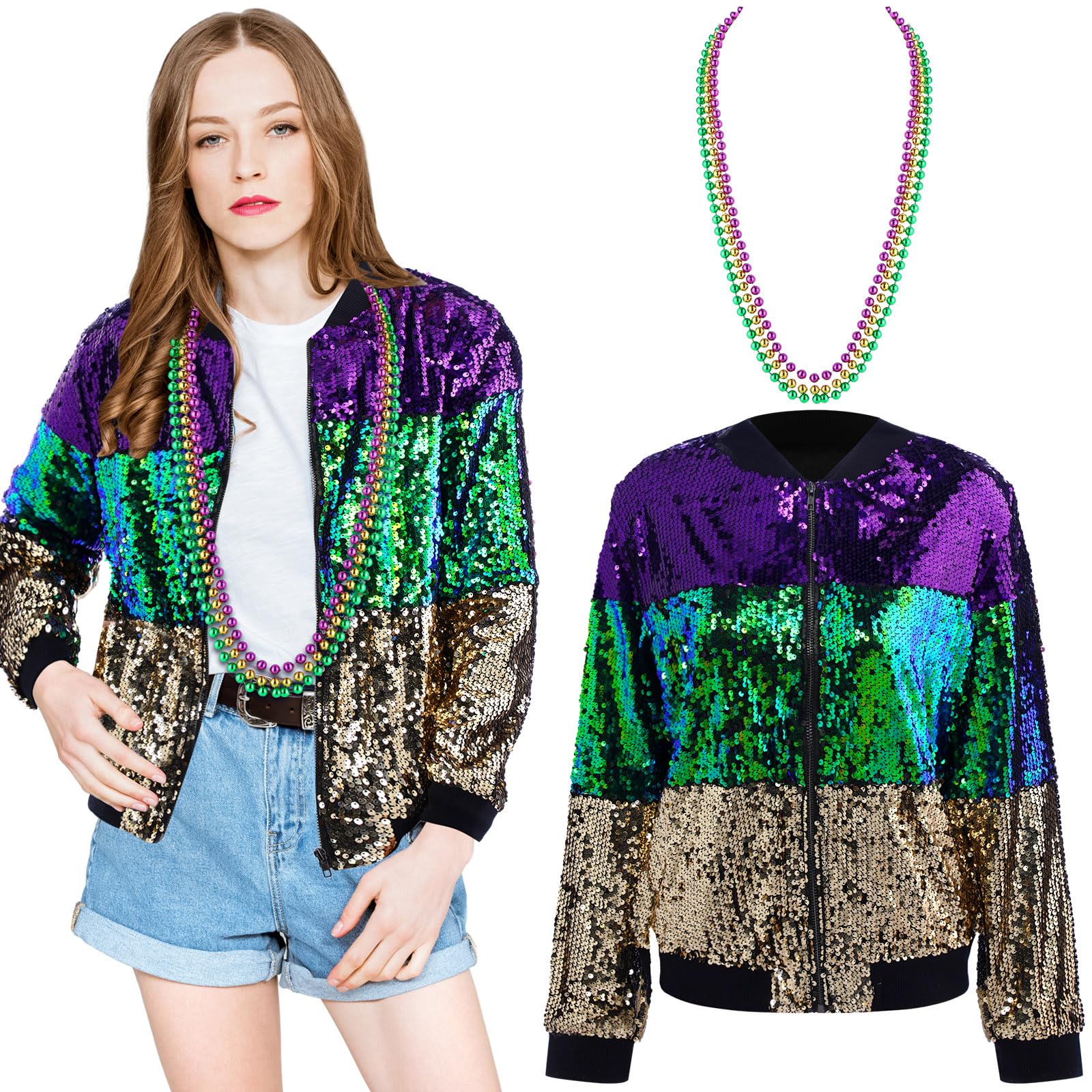 Hicarer 4 Pcs Mardi Gras Costume Mardi Gras Sequin Jackets for Women with 3 Mardi Gras Beads Necklaces Front Zip Jacket (XL)