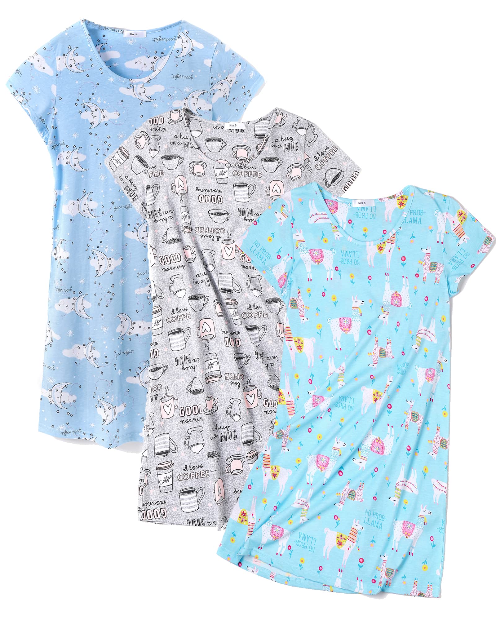 FEREMO 3 Pack Nightgowns for Women Soft Cotton Short Sleeve Night Shirts Womens Print Sleep Shirts Sleepwear(Set4,XXL)