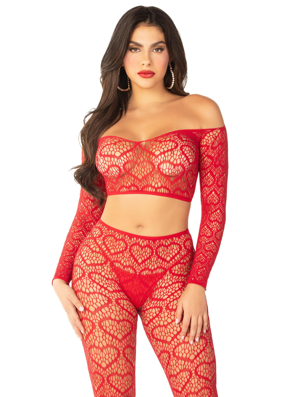 2 PC Heart Net Off-the-Shoulder Crop Top and Footless Tights