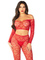 2 PC Heart Net Off-the-Shoulder Crop Top and Footless Tights