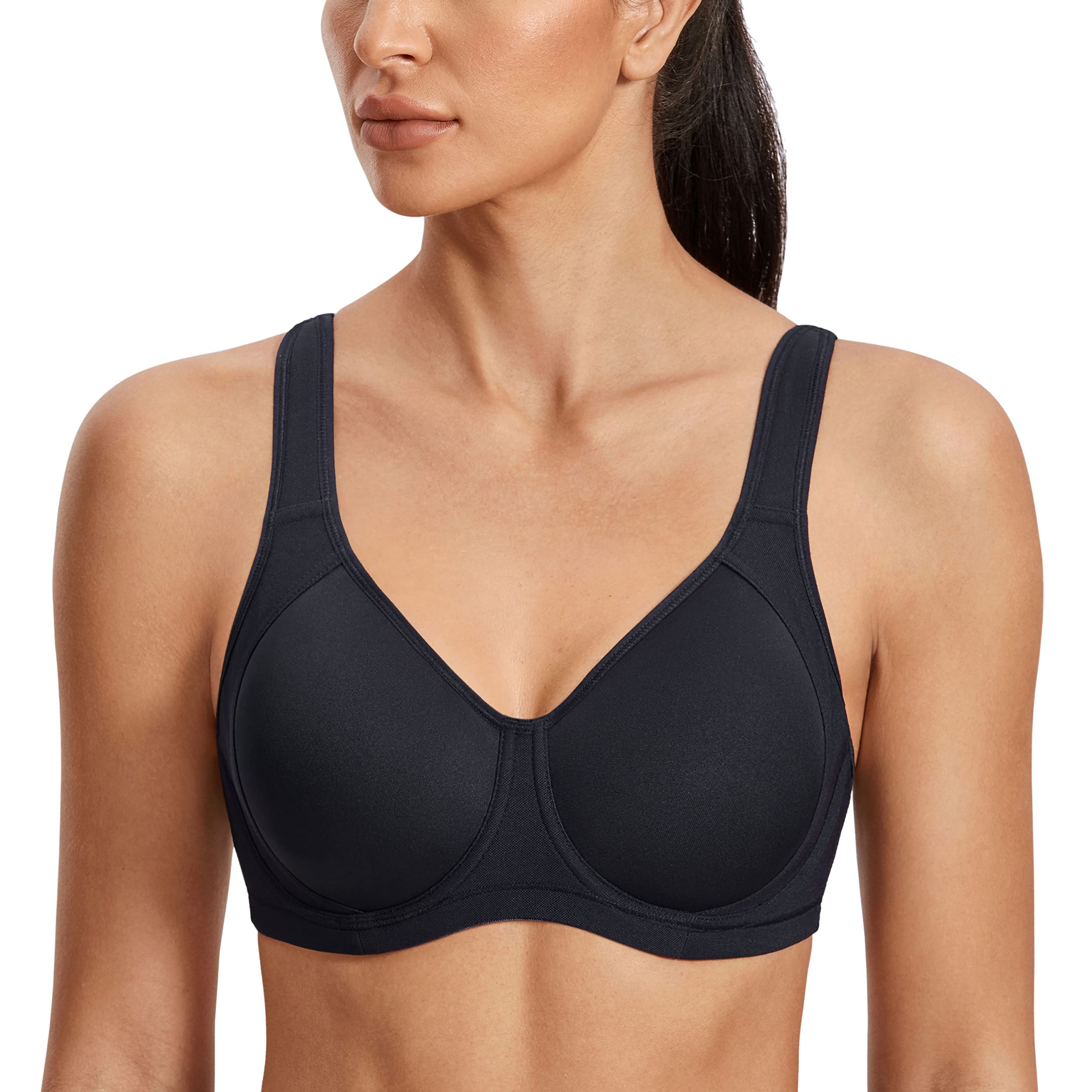 SYROKAN High Impact Sports Bras for Women Support Underwire Cross Back Large Bust Cool Comfort Molded Cup Solid Black 36DD