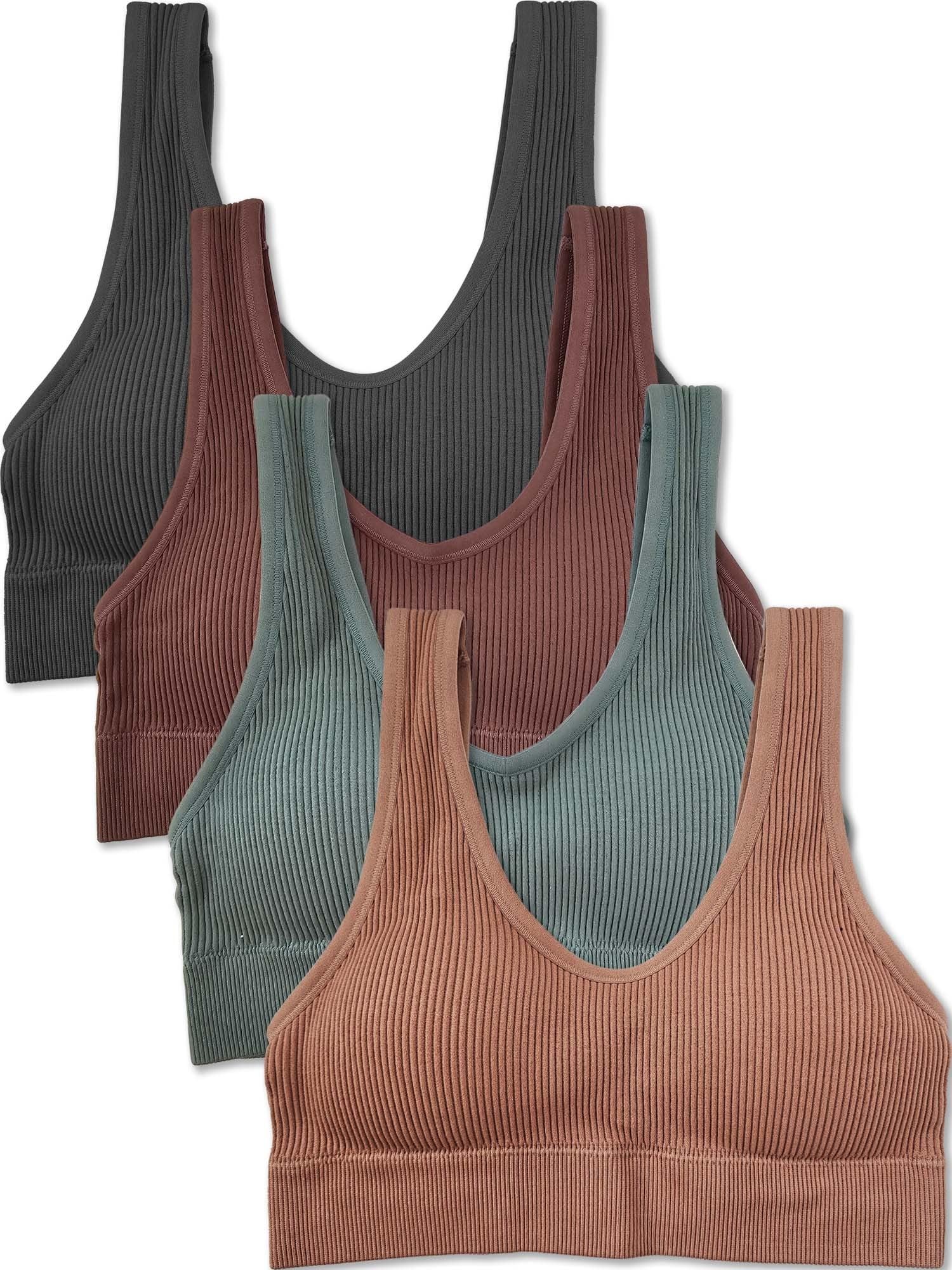 Kalon Womens 4 Pack Ribbed Bralette Crop Top Comfort Sports Bra (X-Large, Fall Festival)